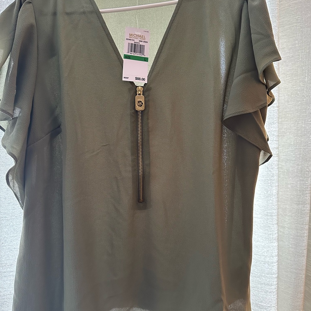 Michael Kors Sage Green Blouse with Zipper Detail